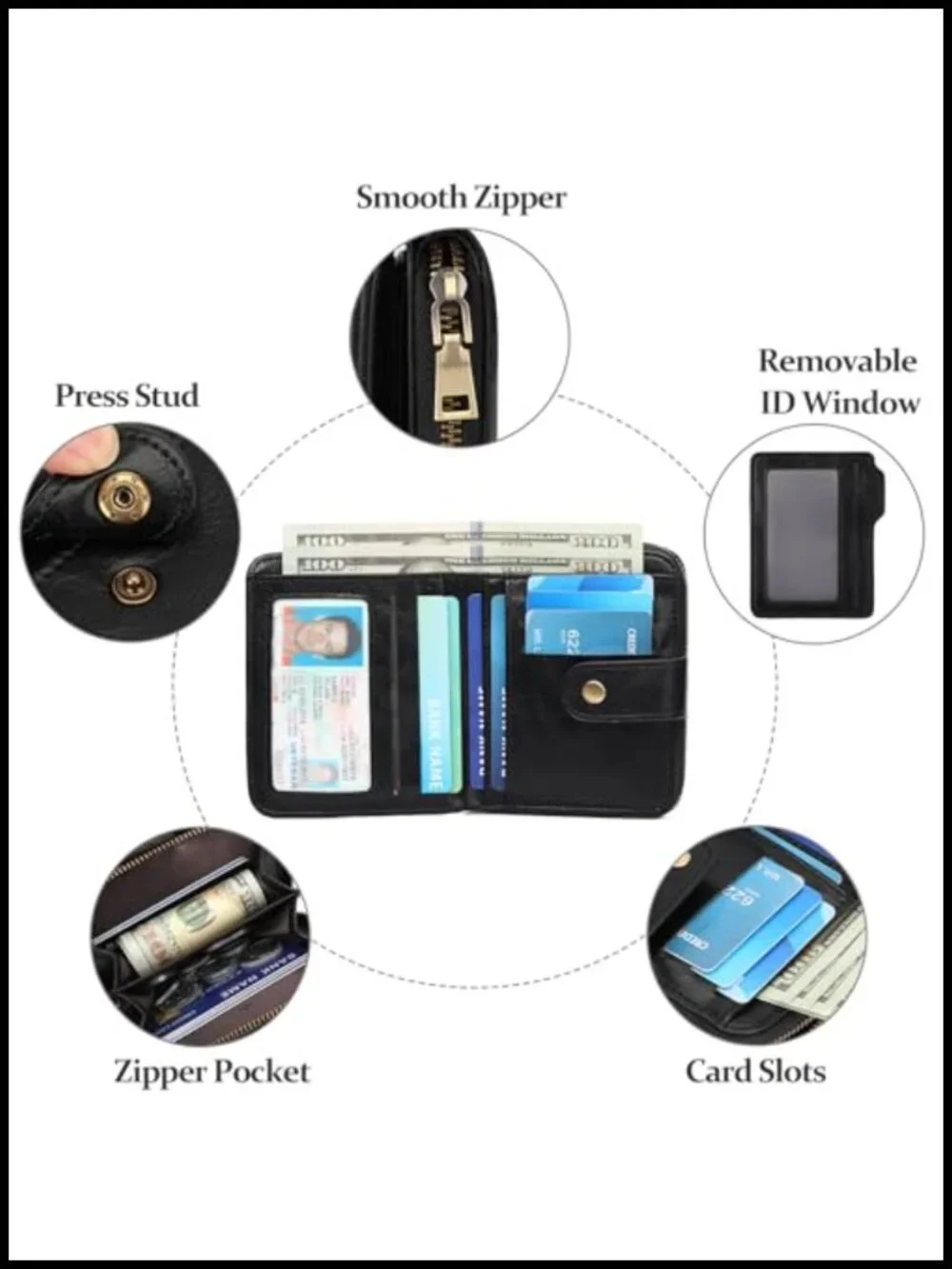 Vegan Leather Bifold Wallet with RFID Blocking Zipper